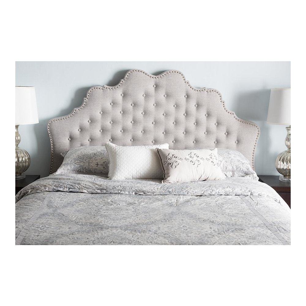 Hilda Modern and Contemporary Greyish Beige Fabric Queen Size Headboard. Picture 4