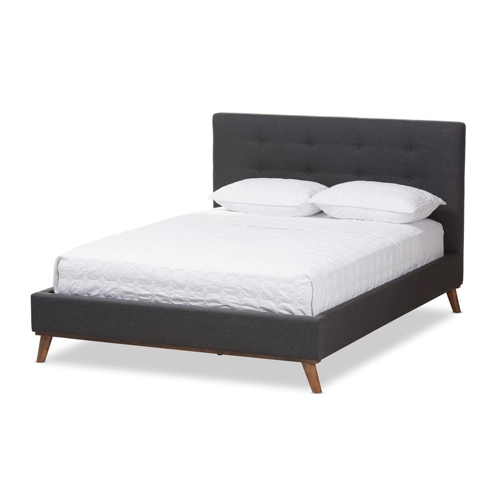 Valencia Mid-Century Modern Dark Grey Fabric Queen Size Platform Bed. Picture 11