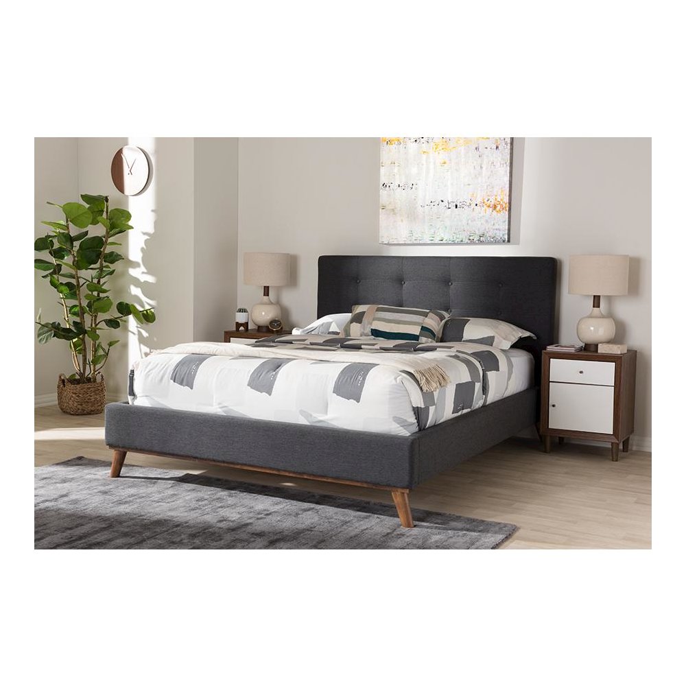 Valencia Mid-Century Modern Dark Grey Fabric Queen Size Platform Bed. Picture 8