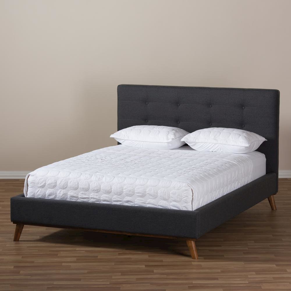 Valencia Mid-Century Modern Dark Grey Fabric Queen Size Platform Bed. Picture 19