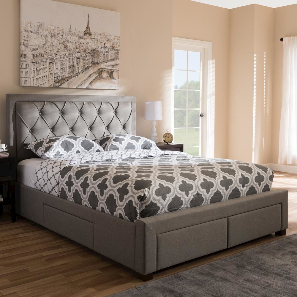 Light Grey Fabric Upholstered King Size Storage Bed. Picture 24