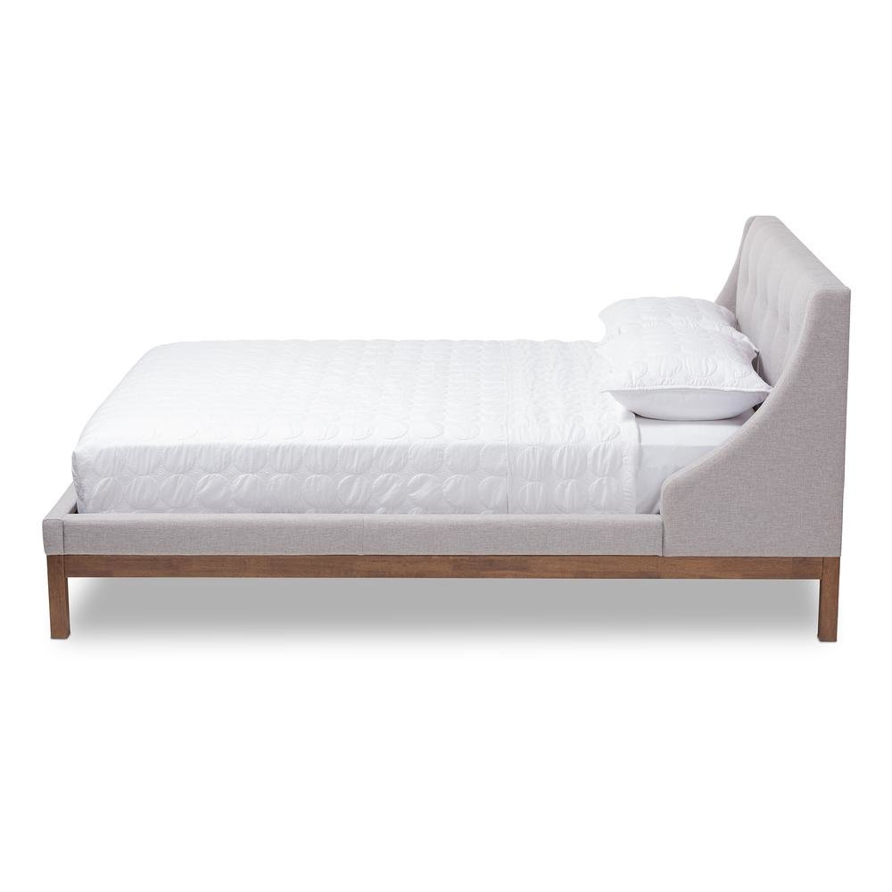 Greyish Beige Fabric Upholstered Walnut-Finished Queen Sized Platform Bed. Picture 9