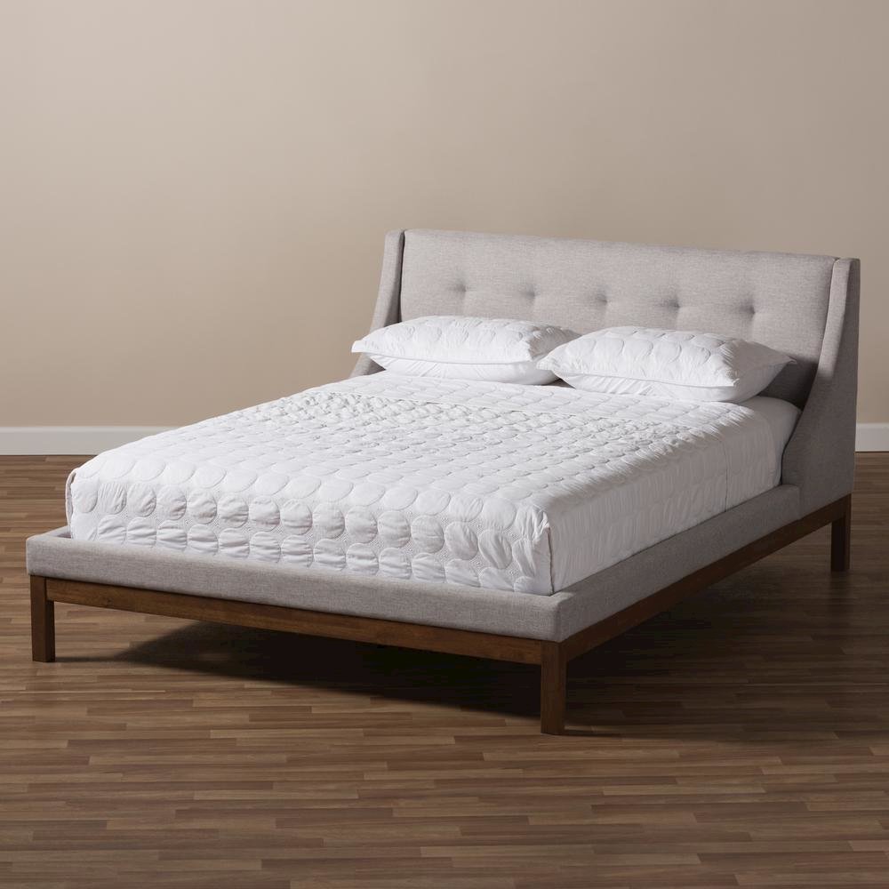 Greyish Beige Fabric Upholstered Walnut-Finished Queen Sized Platform Bed. Picture 14