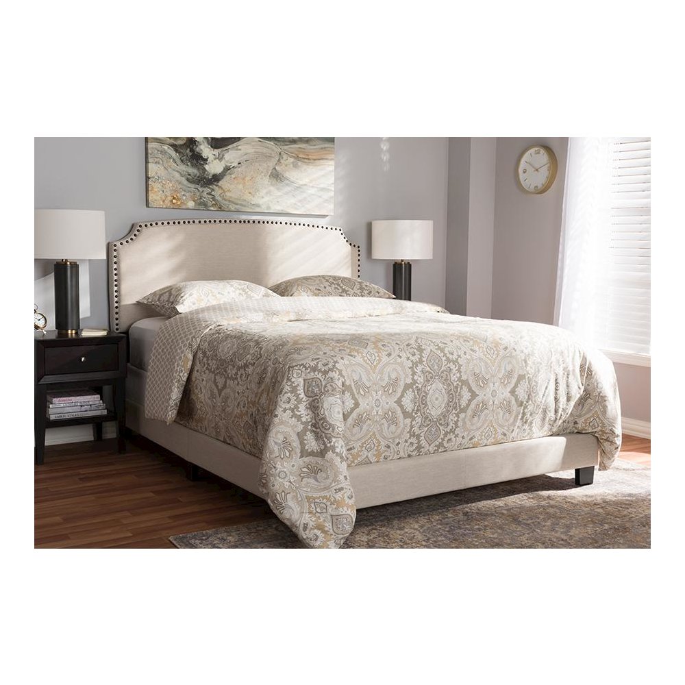 Odette Modern and Contemporary Light Beige Fabric Upholstered Queen Size Bed. Picture 6