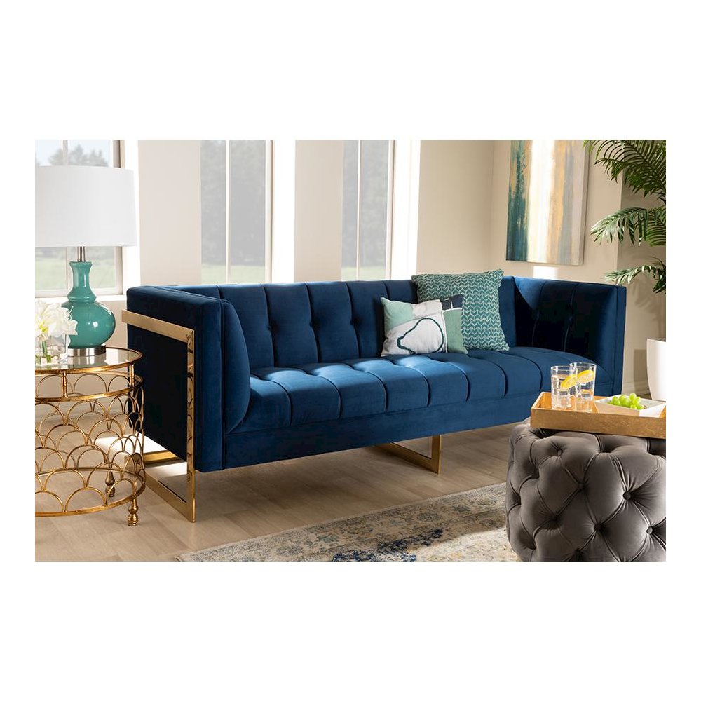 Button Tufted Gold Sofa with Gold-Tone Frame. Picture 21