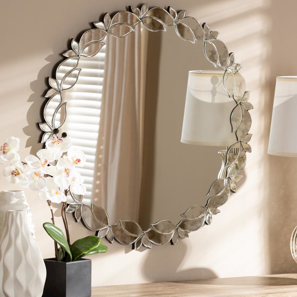 Silver Finished Round Petal Leaf Accent Wall Mirror. Picture 5