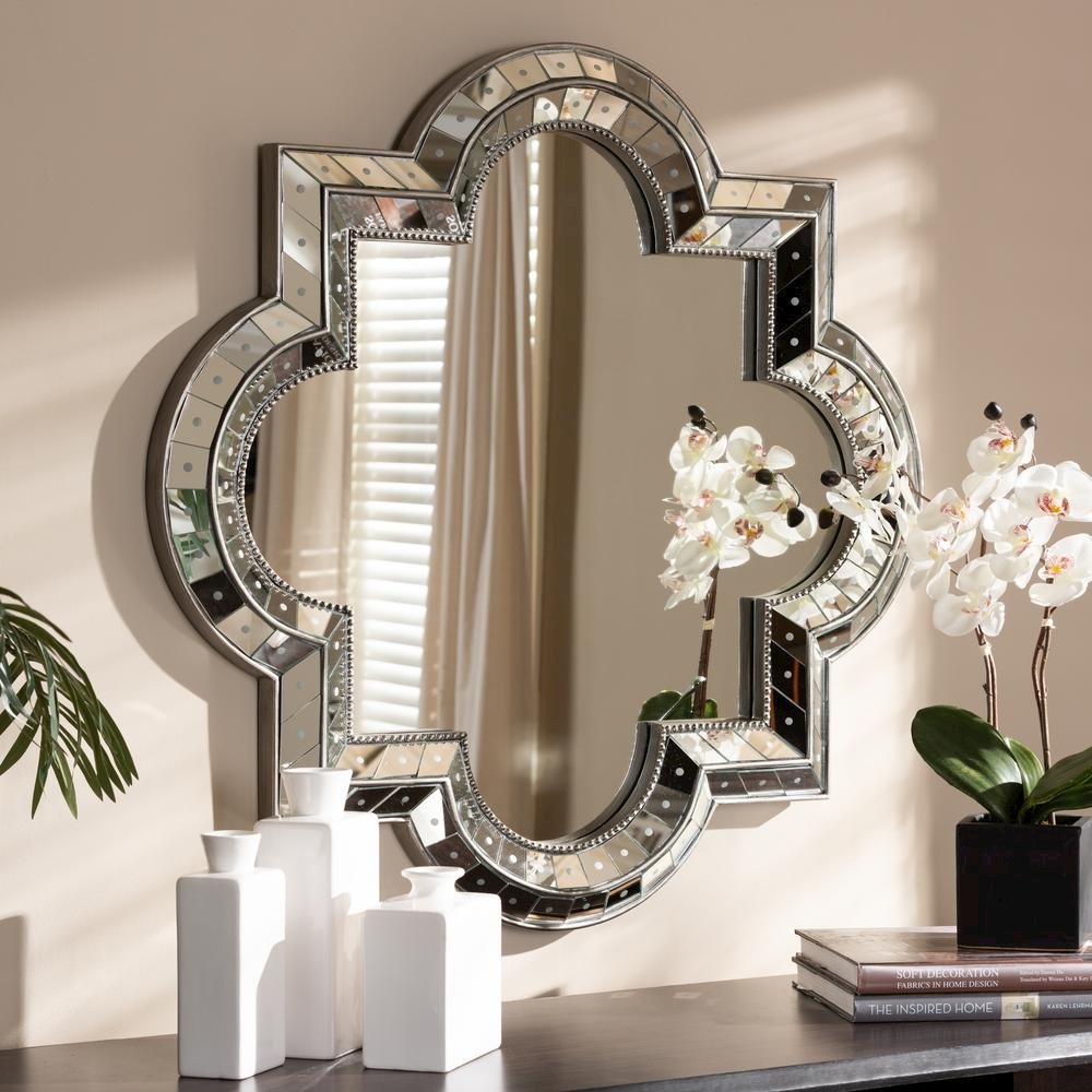 Catia Art Deco Antique Silver Finished Quatrefoil Accent Wall Mirror. Picture 5