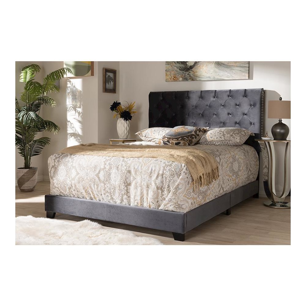 Candace Luxe and Glamour Dark Grey Velvet Upholstered Queen Size Bed. Picture 6