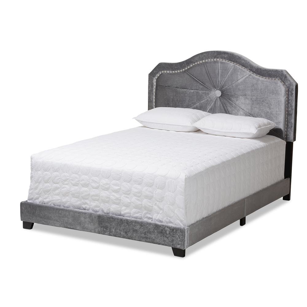 Embla Modern and Contemporary Grey Velvet Fabric Upholstered Queen Size Bed. Picture 10