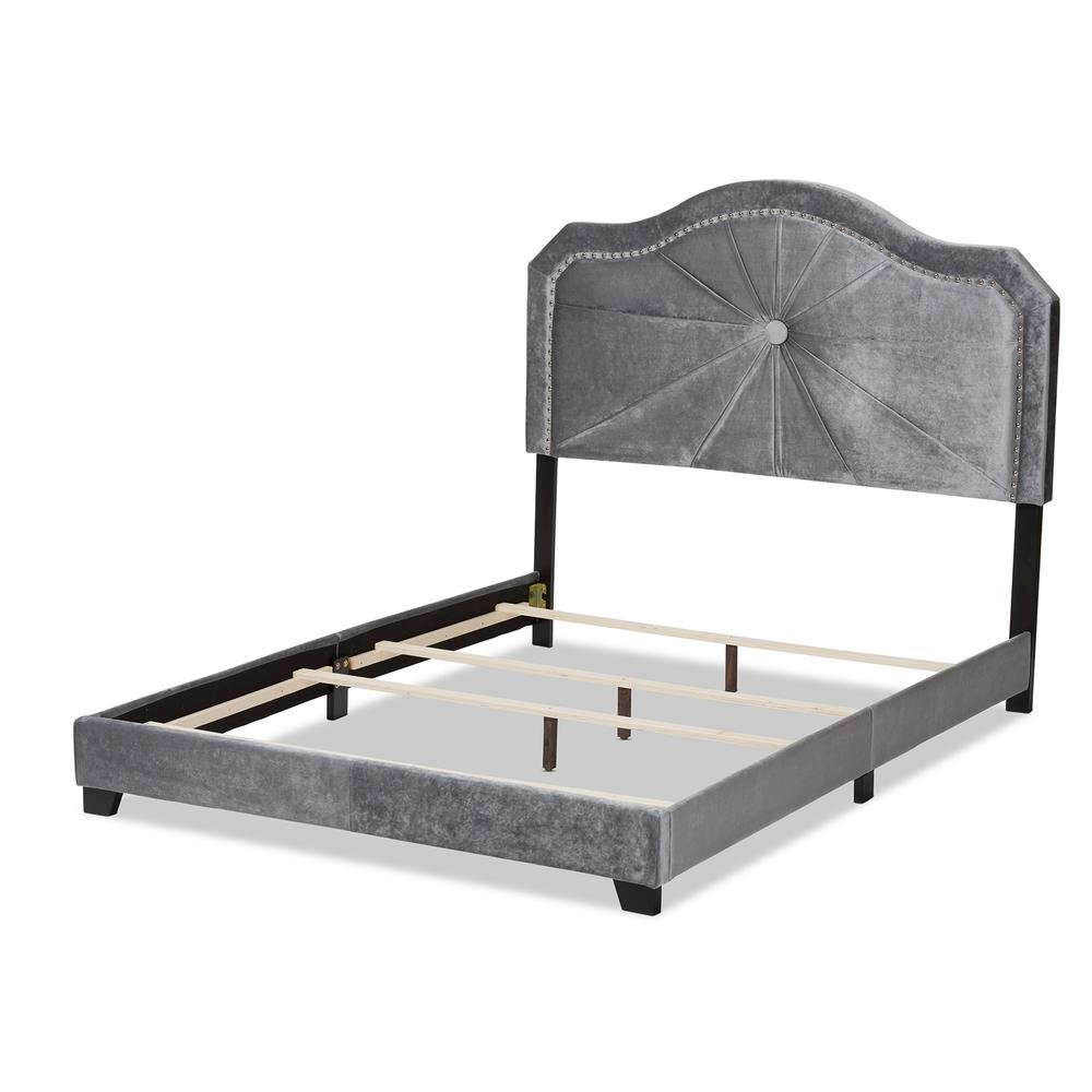 Embla Modern and Contemporary Grey Velvet Fabric Upholstered Queen Size Bed. Picture 12