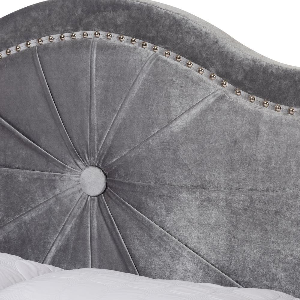 Embla Modern and Contemporary Grey Velvet Fabric Upholstered Queen Size Bed. Picture 13