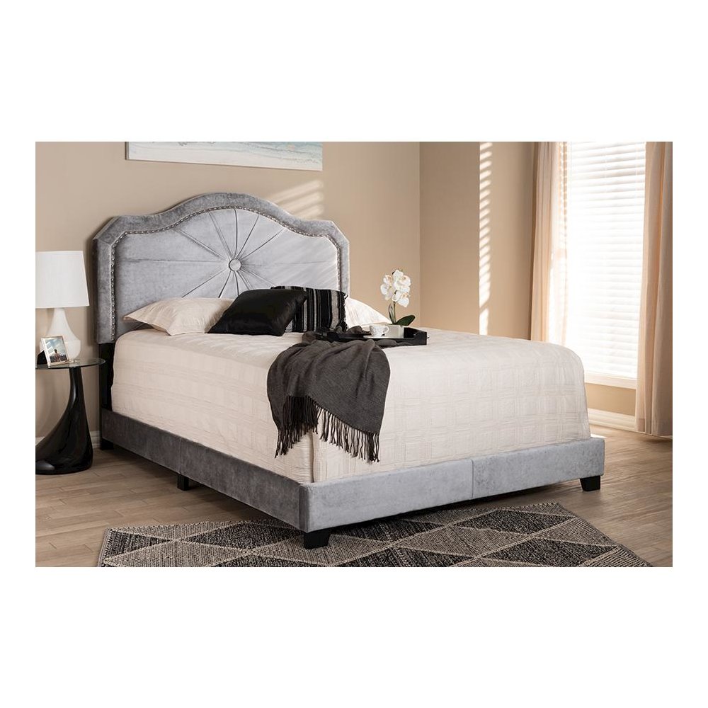 Embla Modern and Contemporary Grey Velvet Fabric Upholstered Queen Size Bed. Picture 5