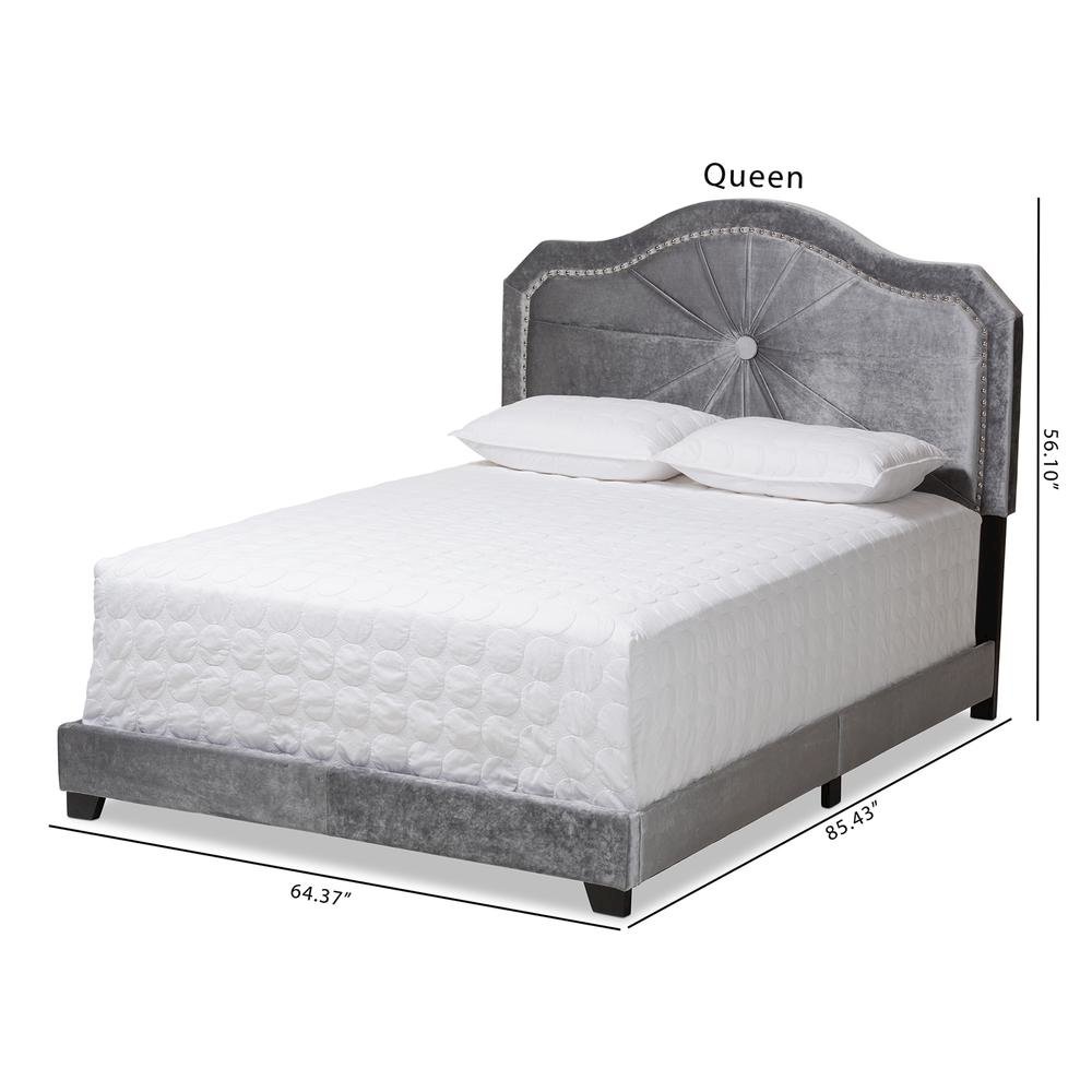 Embla Modern and Contemporary Grey Velvet Fabric Upholstered Queen Size Bed. Picture 17