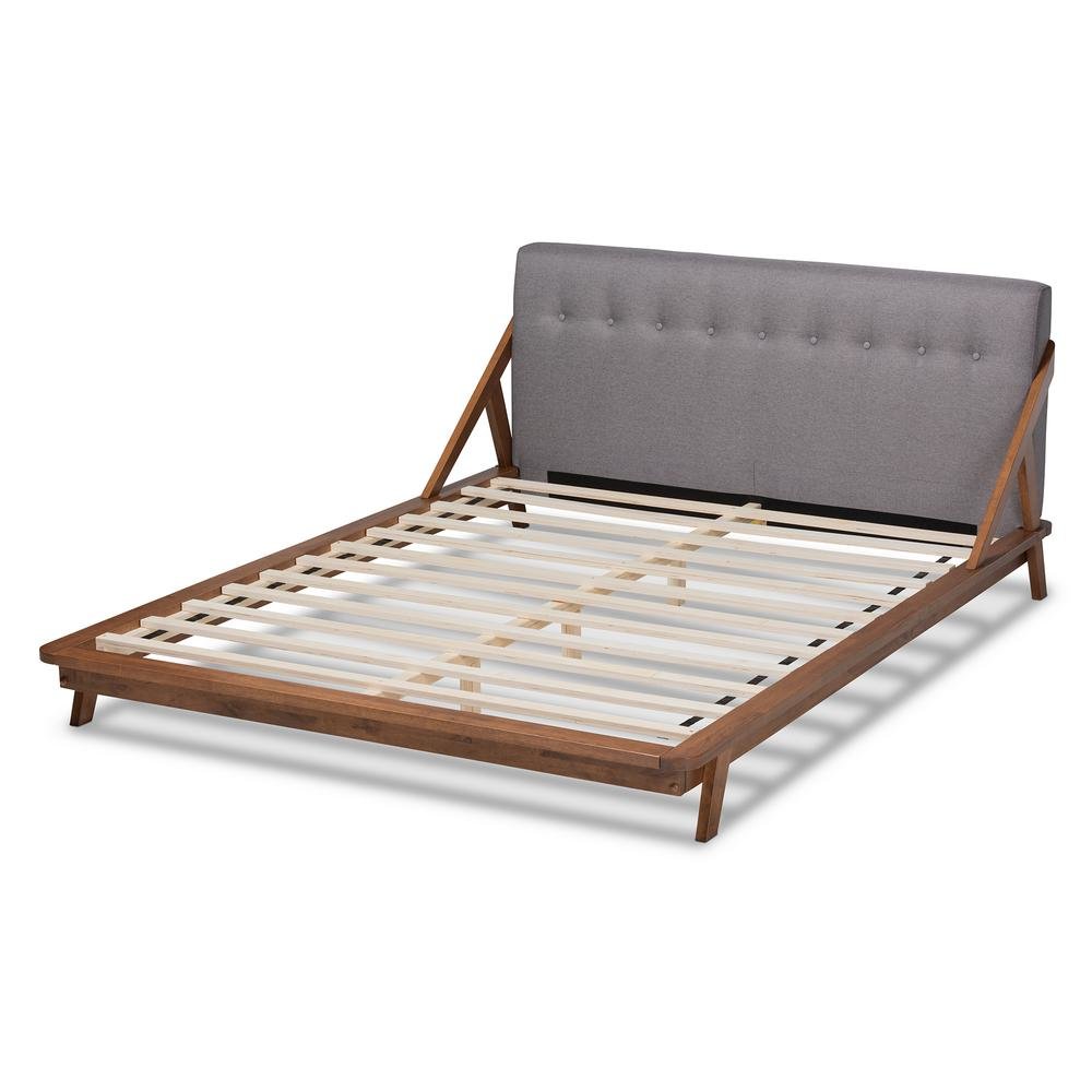 Sante Mid-Century Modern Grey Fabric Upholstered Wood Queen Size Platform Bed. Picture 13