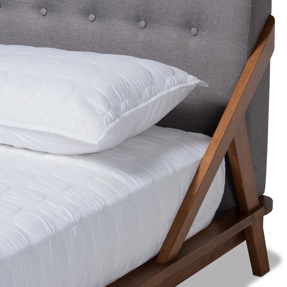 Sante Mid-Century Modern Grey Fabric Upholstered Wood Queen Size Platform Bed. Picture 15