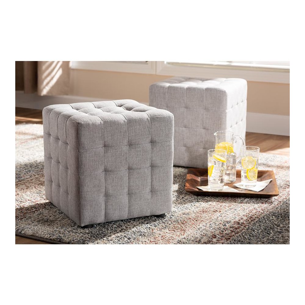 Greyish Beige Fabric Upholstered Tufted Cube Ottoman Set of 2. Picture 13