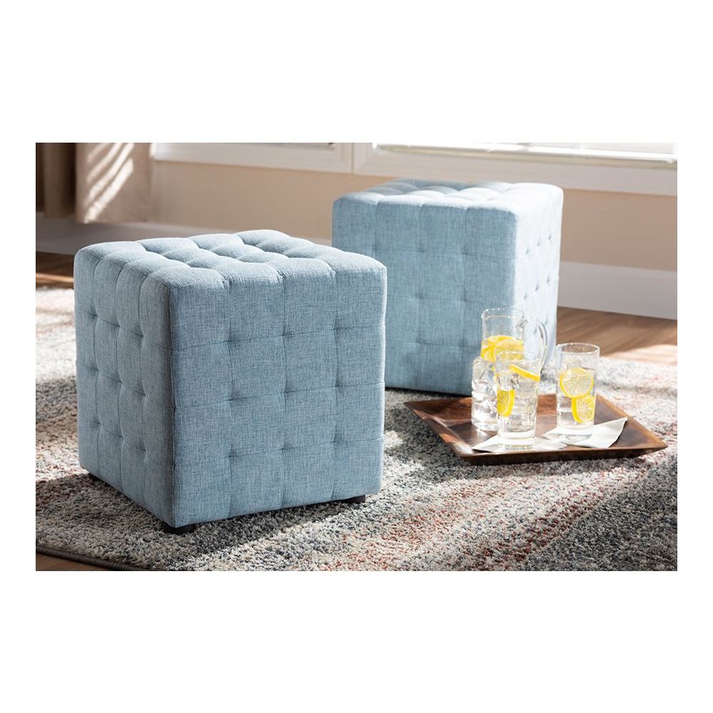 Light Blue Fabric Upholstered Tufted Cube Ottoman Set of 2. Picture 13