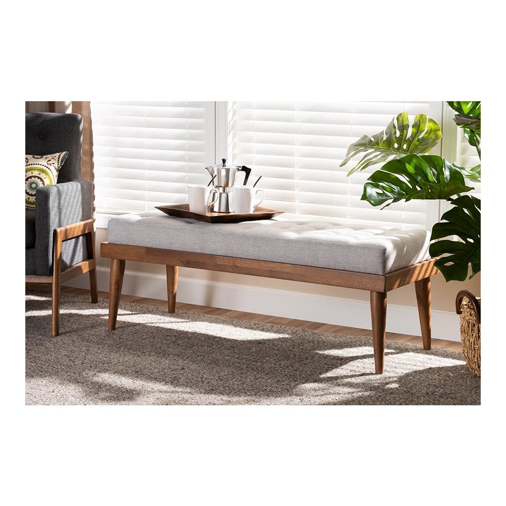 Greyish Beige Fabric Upholstered and Button Tufted Wood Bench. Picture 17