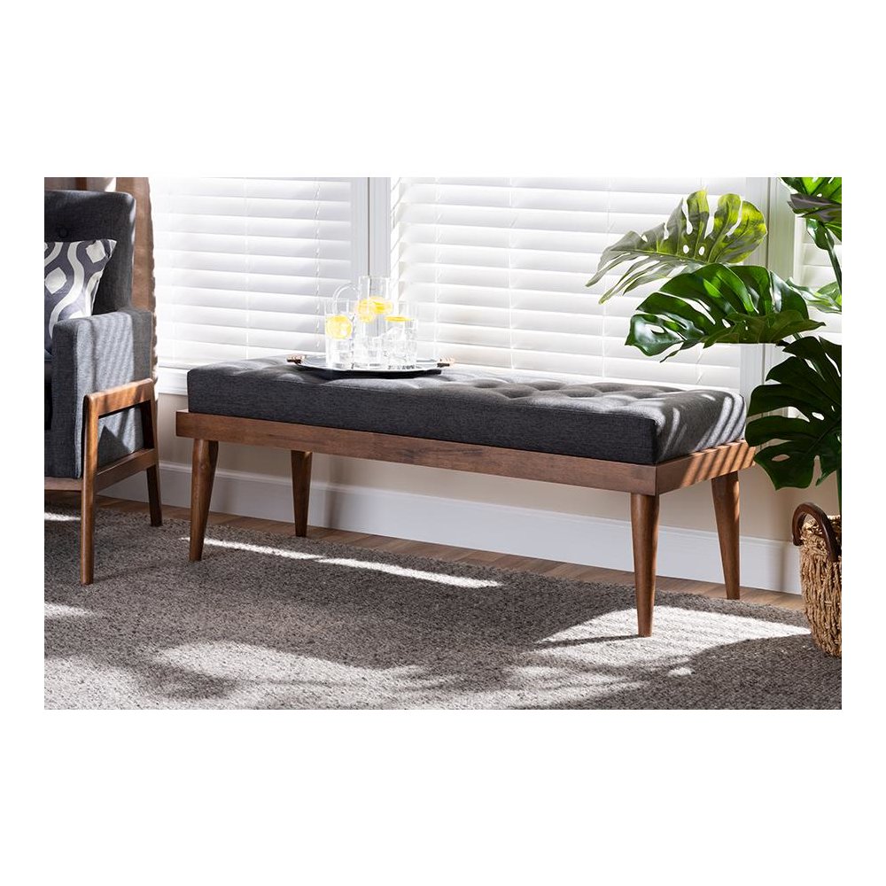 Dark Grey Fabric Upholstered and Button Tufted Wood Bench. Picture 17