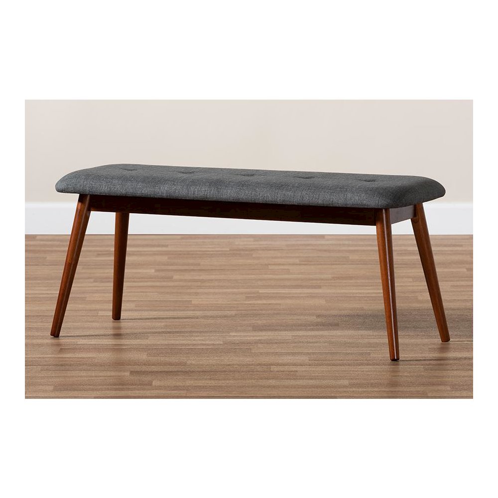 Dark Grey Fabric Upholstered Medium Oak Finished Wood Dining Bench. Picture 17