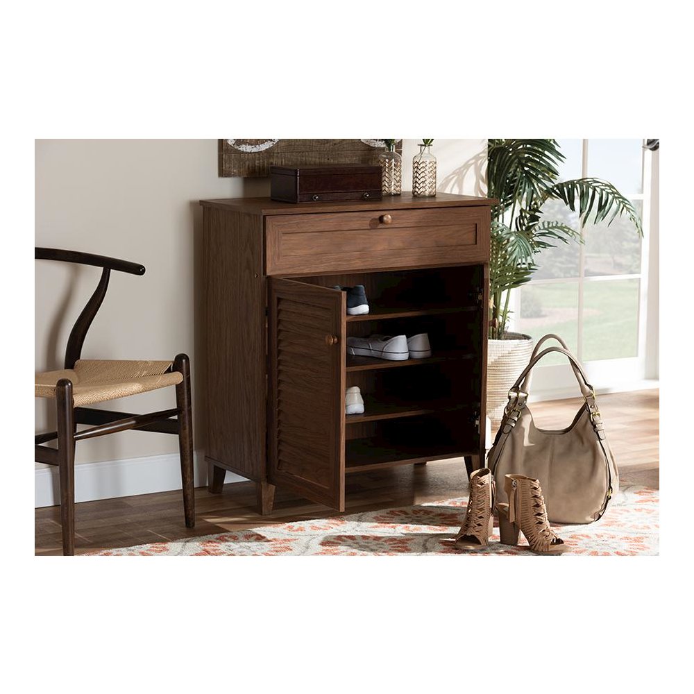 Walnut Finished 4-Shelf Wood Shoe Storage Cabinet with Drawer. Picture 21