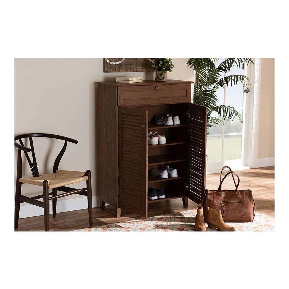 Walnut Finished 5-Shelf Wood Shoe Storage Cabinet with Drawer. Picture 21