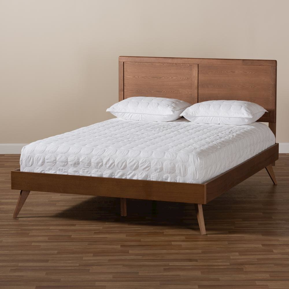 Zenon Mid-Century Modern Walnut Brown Finished Wood Queen Size Platform Bed. Picture 17