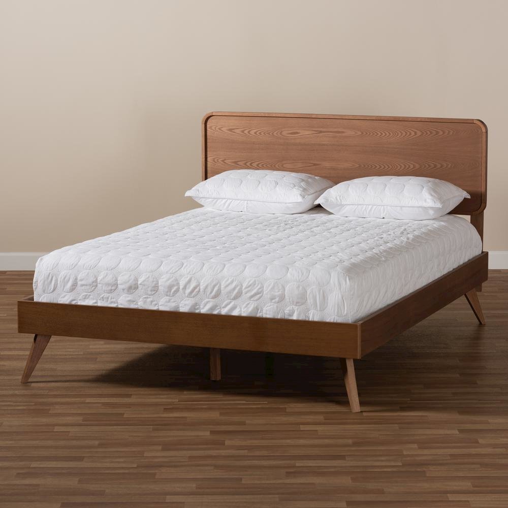 Demeter Mid-Century Modern Walnut Brown Finished Wood Queen Size Platform Bed. Picture 17