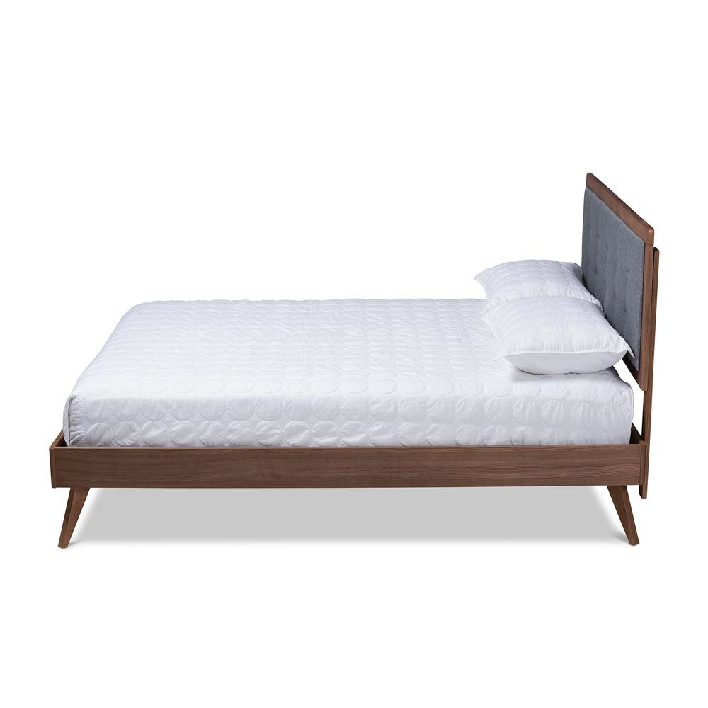Dark Grey Fabric Upholstered Walnut Brown Finished Wood Queen Size Platform Bed. Picture 12