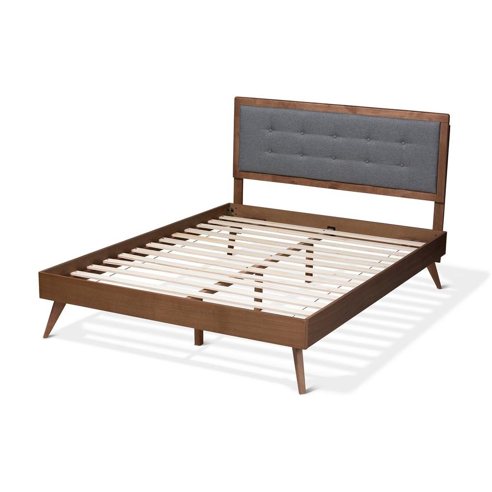 Dark Grey Fabric Upholstered Walnut Brown Finished Wood Queen Size Platform Bed. Picture 13