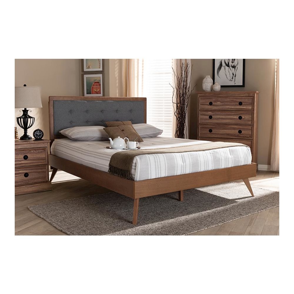 Dark Grey Fabric Upholstered Walnut Brown Finished Wood Full Size Platform Bed. Picture 21