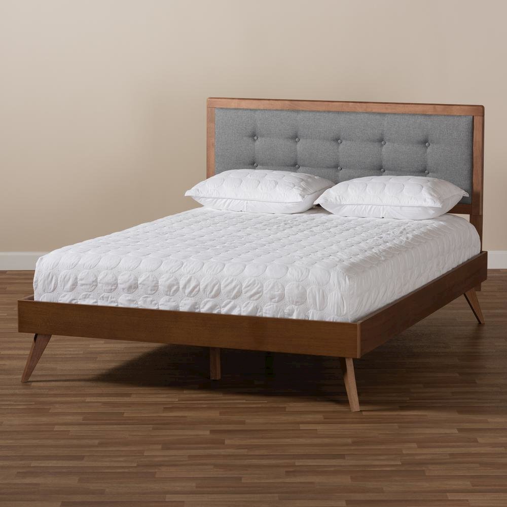 Dark Grey Fabric Upholstered Walnut Brown Finished Wood Queen Size Platform Bed. Picture 17