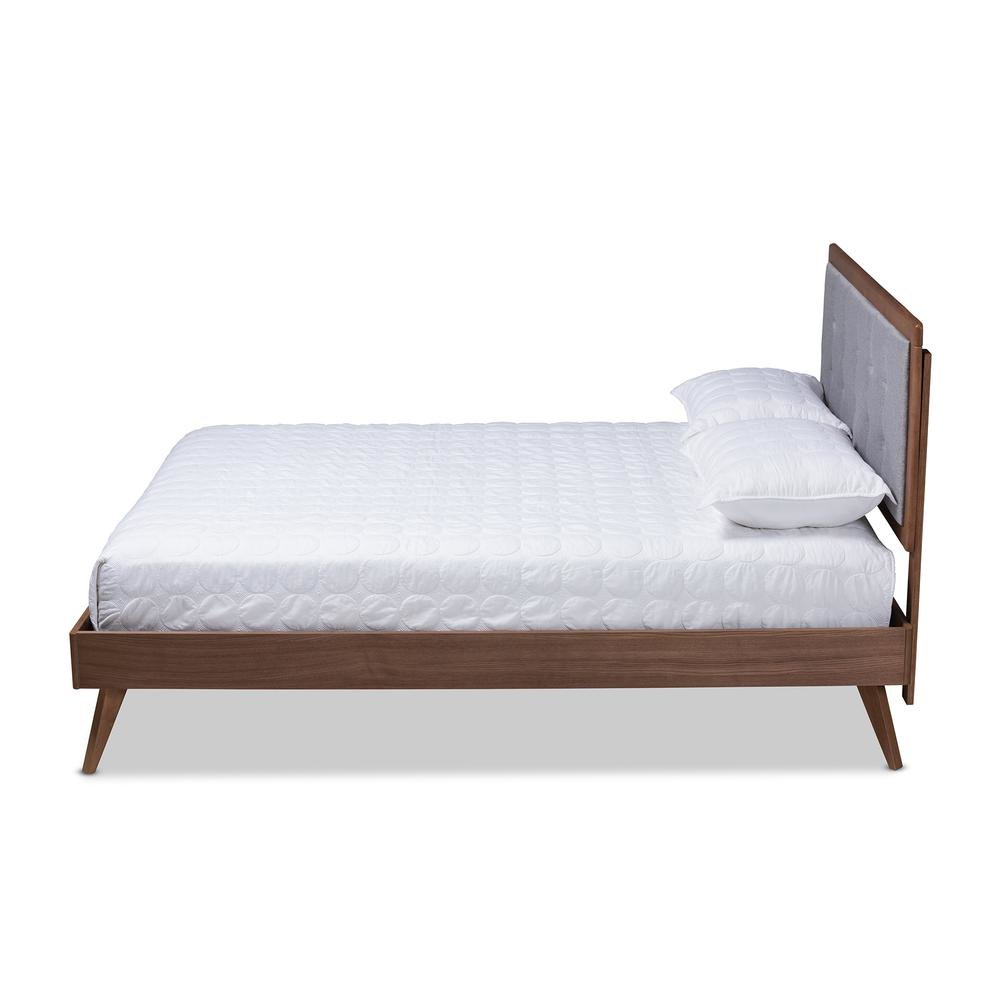 Light Grey Fabric Upholstered Walnut Brown Finished Wood Queen Size Platform Bed. Picture 12
