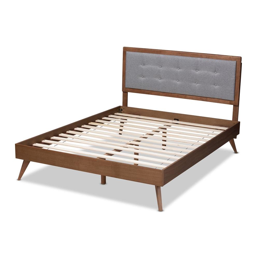 Light Grey Fabric Upholstered Walnut Brown Finished Wood Queen Size Platform Bed. Picture 13