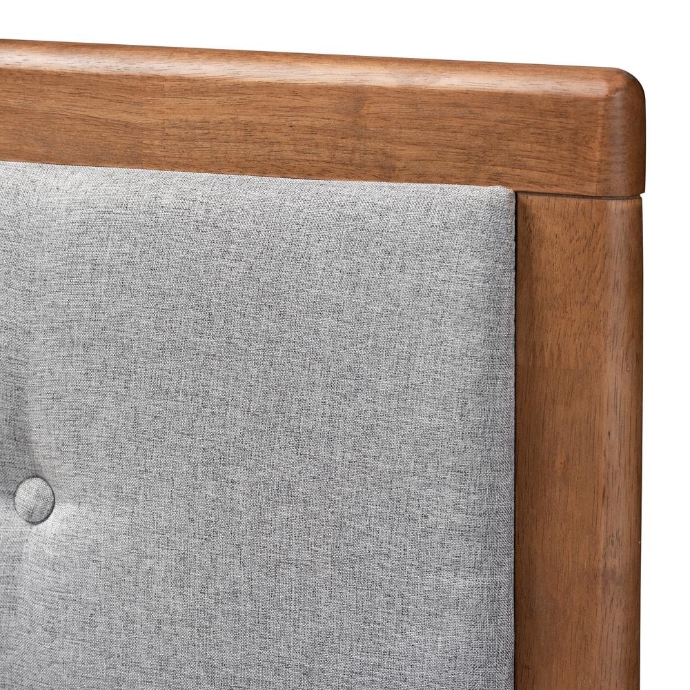 Light Grey Fabric Upholstered Walnut Brown Finished Wood Queen Size Platform Bed. Picture 14