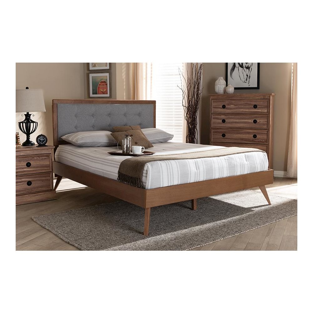 Light Grey Fabric Upholstered Walnut Brown Finished Wood Full Size Platform Bed. Picture 20