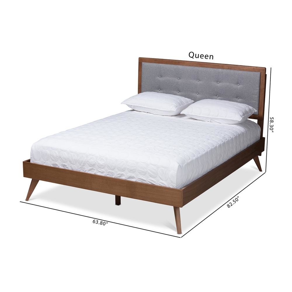 Light Grey Fabric Upholstered Walnut Brown Finished Wood Queen Size Platform Bed. Picture 18