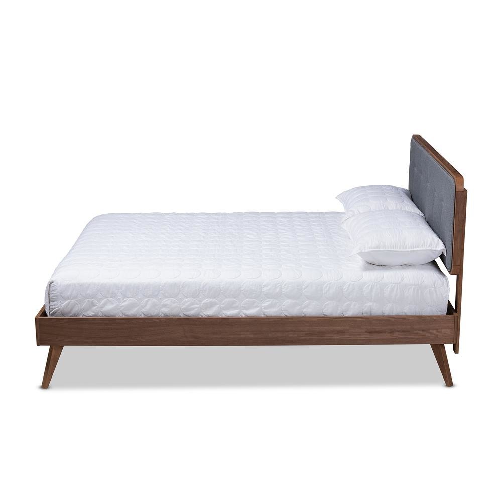 Dark Grey Fabric Upholstered Walnut Brown Finished Wood Queen Size Platform Bed. Picture 12