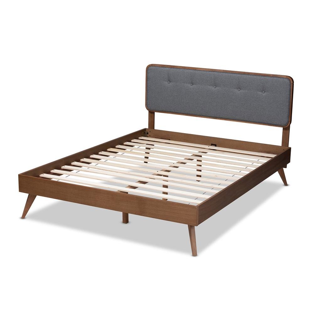 Dark Grey Fabric Upholstered Walnut Brown Finished Wood Queen Size Platform Bed. Picture 13