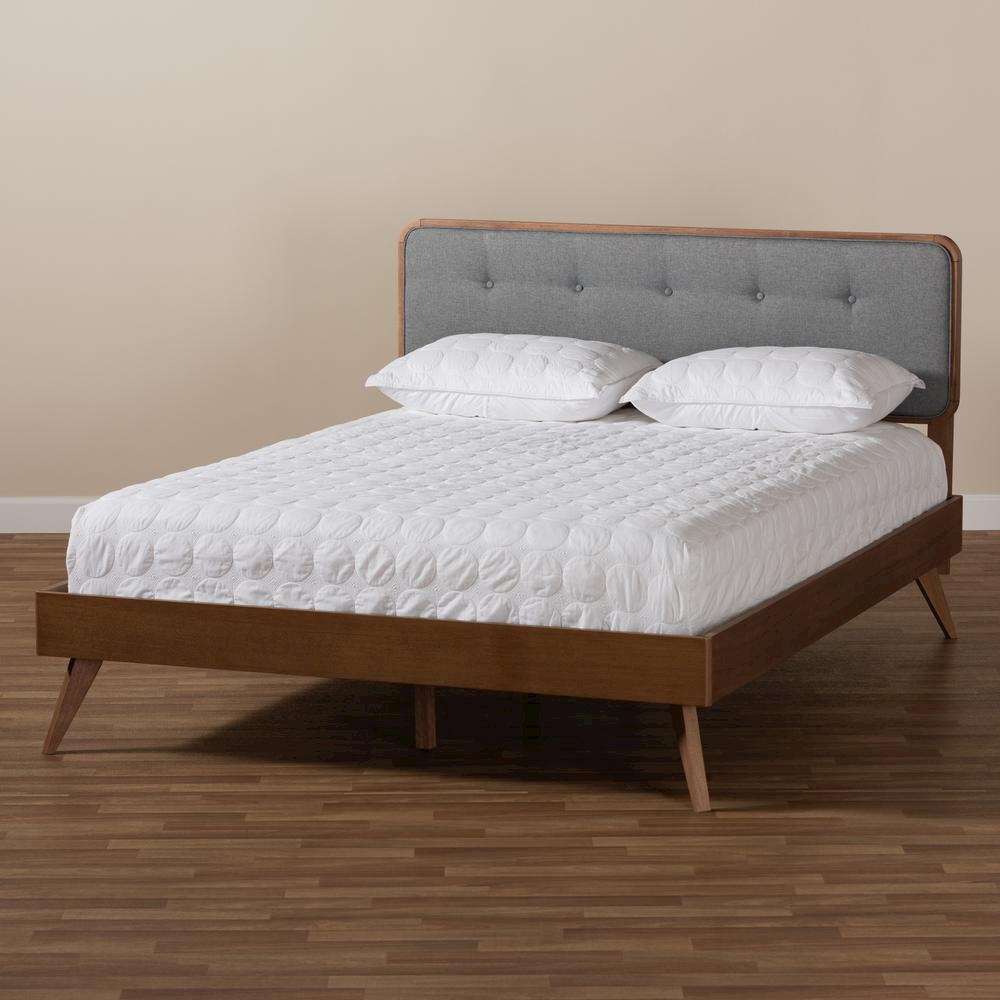 Dark Grey Fabric Upholstered Walnut Brown Finished Wood Queen Size Platform Bed. Picture 17