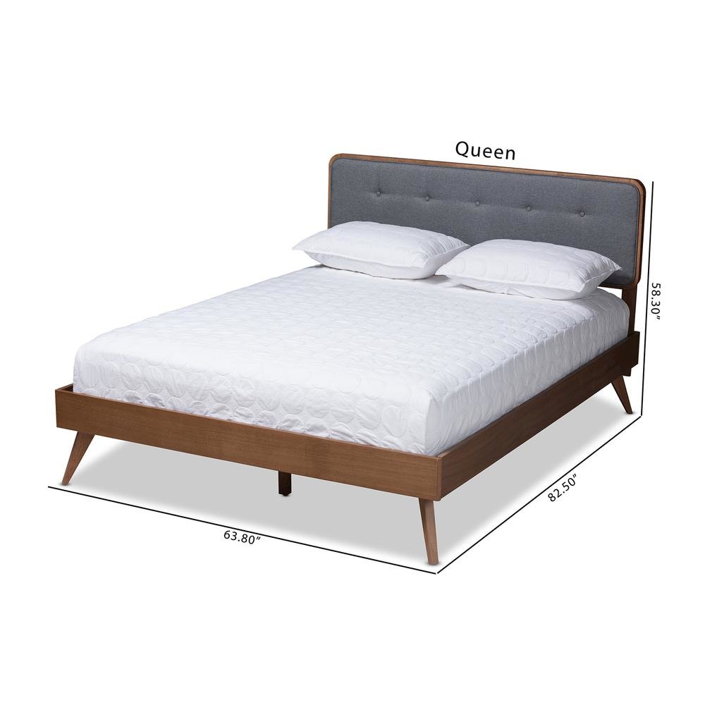 Dark Grey Fabric Upholstered Walnut Brown Finished Wood Queen Size Platform Bed. Picture 19