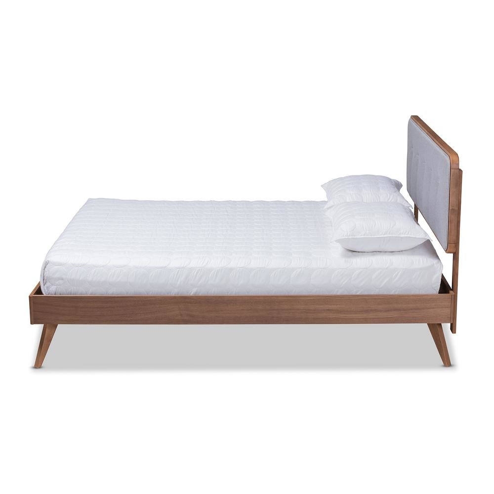 Light Grey Fabric Upholstered Walnut Brown Finished Wood Queen Size Platform Bed. Picture 12