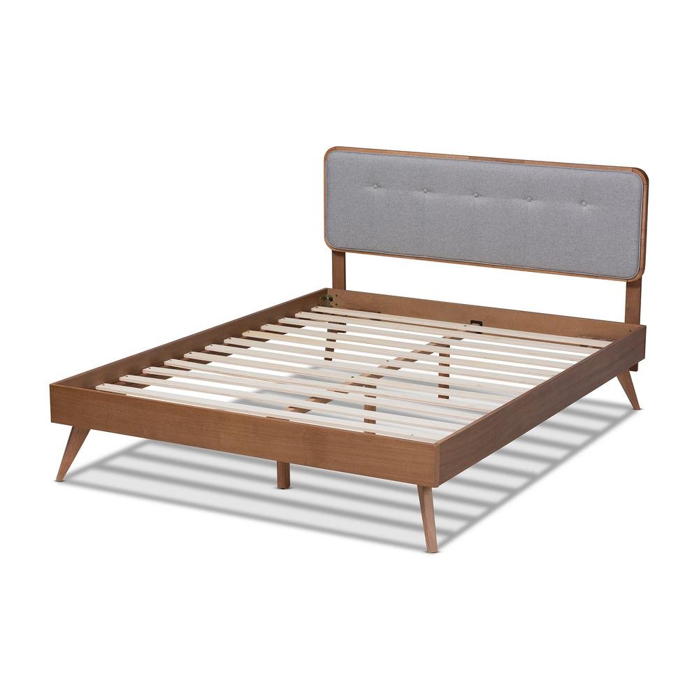 Light Grey Fabric Upholstered Walnut Brown Finished Wood Queen Size Platform Bed. Picture 13