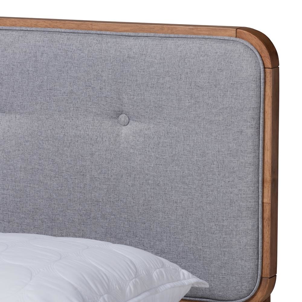 Light Grey Fabric Upholstered Walnut Brown Finished Wood Queen Size Platform Bed. Picture 14