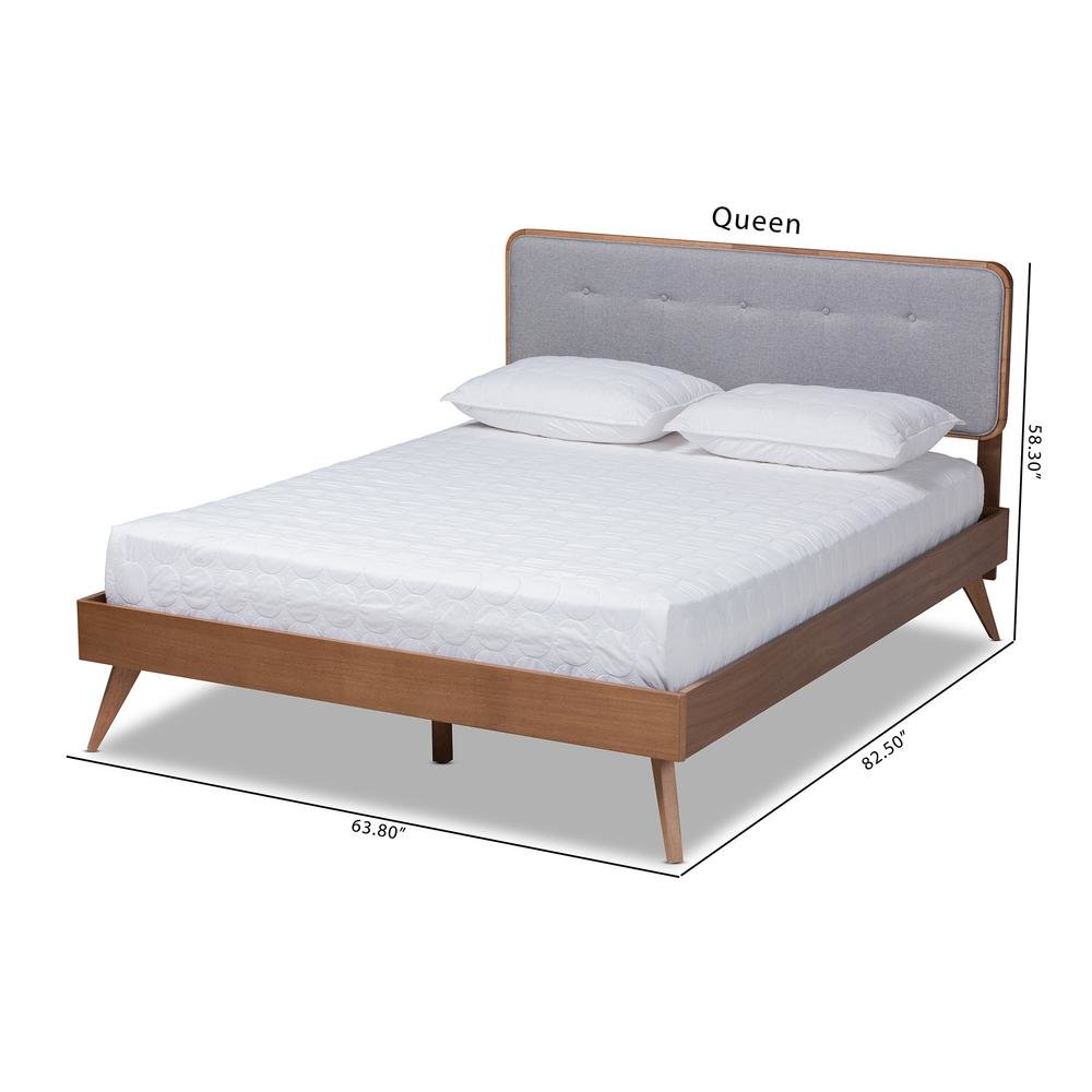 Light Grey Fabric Upholstered Walnut Brown Finished Wood Queen Size Platform Bed. Picture 19