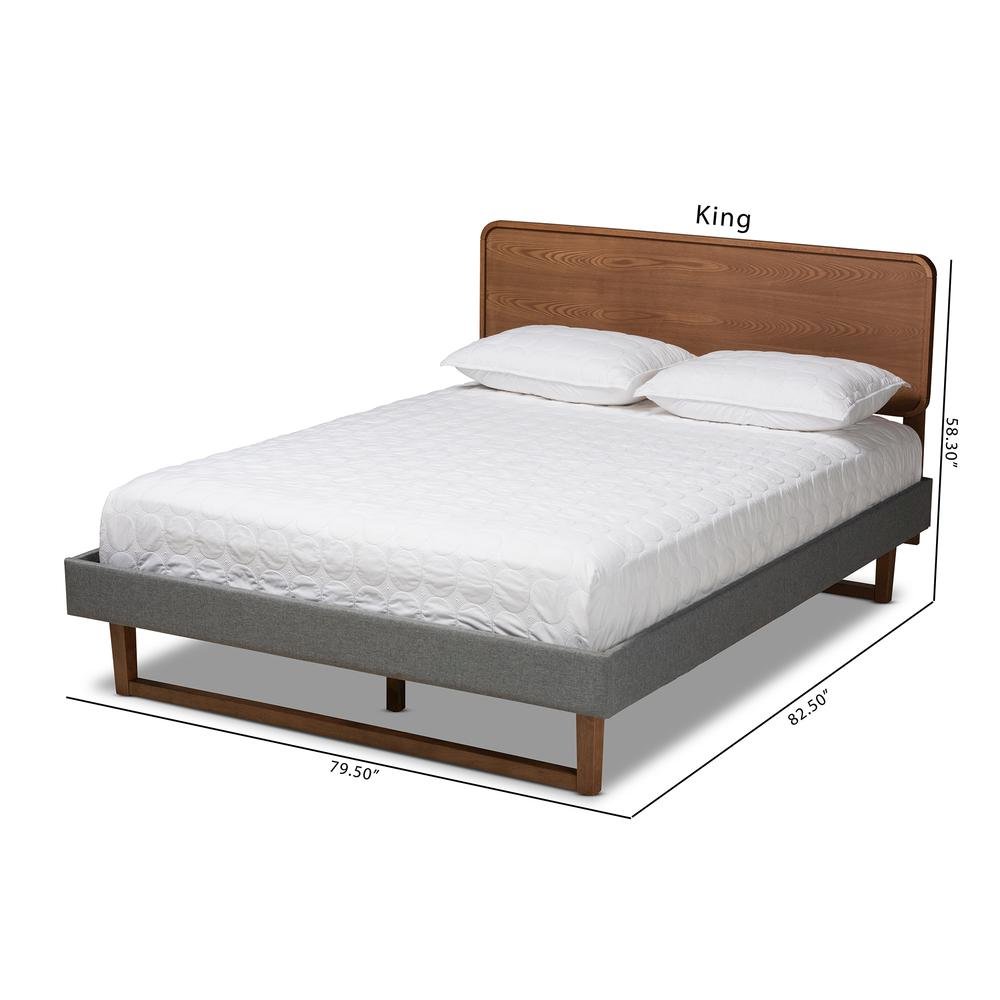 Dark Grey Fabric Upholstered Walnut Brown Finished Wood Queen Size Platform Bed. Picture 20