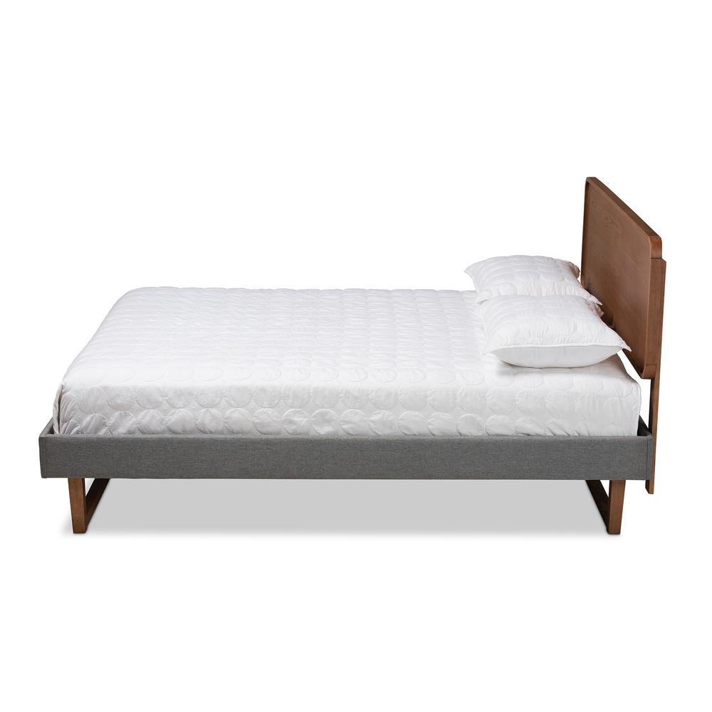 Dark Grey Fabric Upholstered Walnut Brown Finished Wood Queen Size Platform Bed. Picture 12