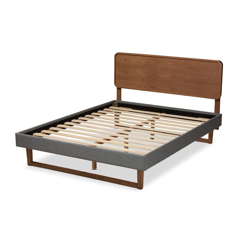 Dark Grey Fabric Upholstered Walnut Brown Finished Wood Queen Size Platform Bed. Picture 13
