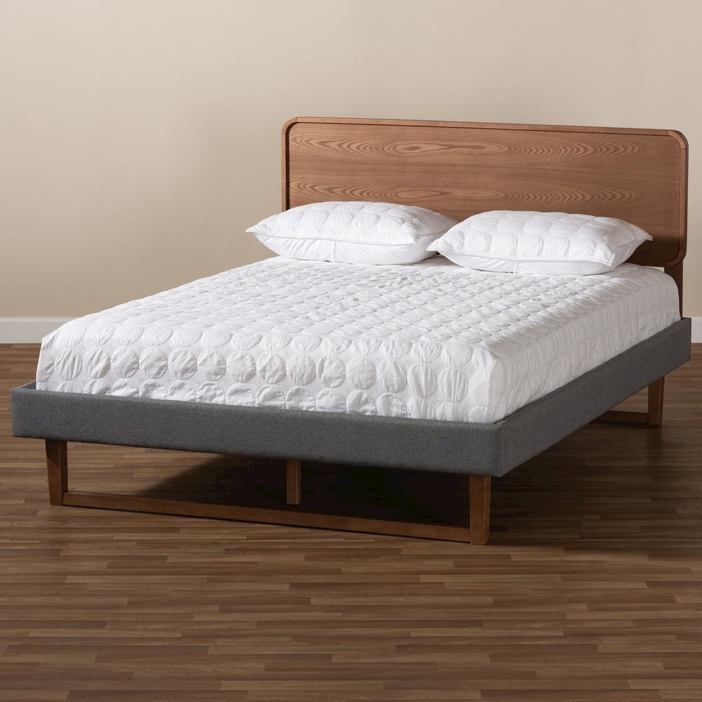 Dark Grey Fabric Upholstered Walnut Brown Finished Wood Queen Size Platform Bed. Picture 17