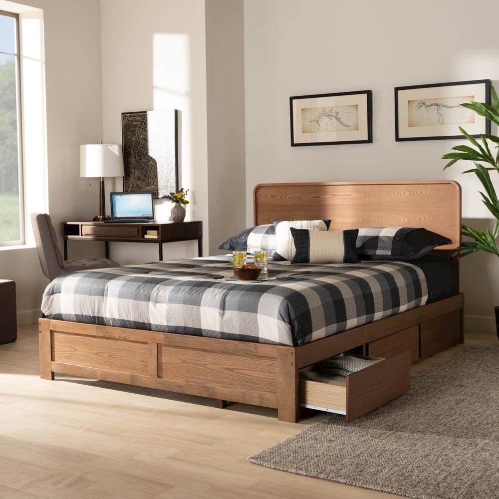 Ash Walnut Brown Finished Wood Queen Size 3-Drawer Platform Storage Bed. Picture 21